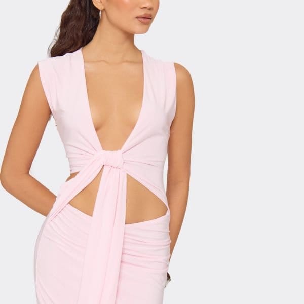 EGO Plunge Front Cut Out Drape Detail Maxi Dress In Baby Pink, Women's Size UK 6 - 2