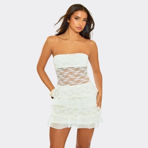 EGO Bandeau Layered Contrast Fabric Detail Mini Dress In Cream Lace, Women's Size UK 6 - 1