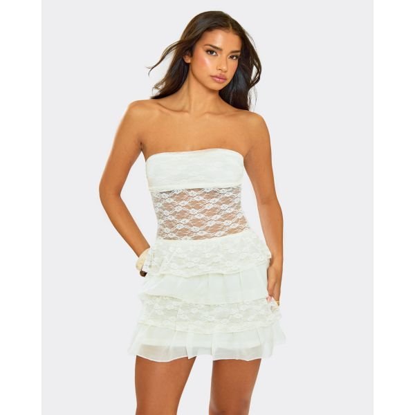 EGO Bandeau Layered Contrast Fabric Detail Mini Dress In Cream Lace, Women's Size UK 6 - 2