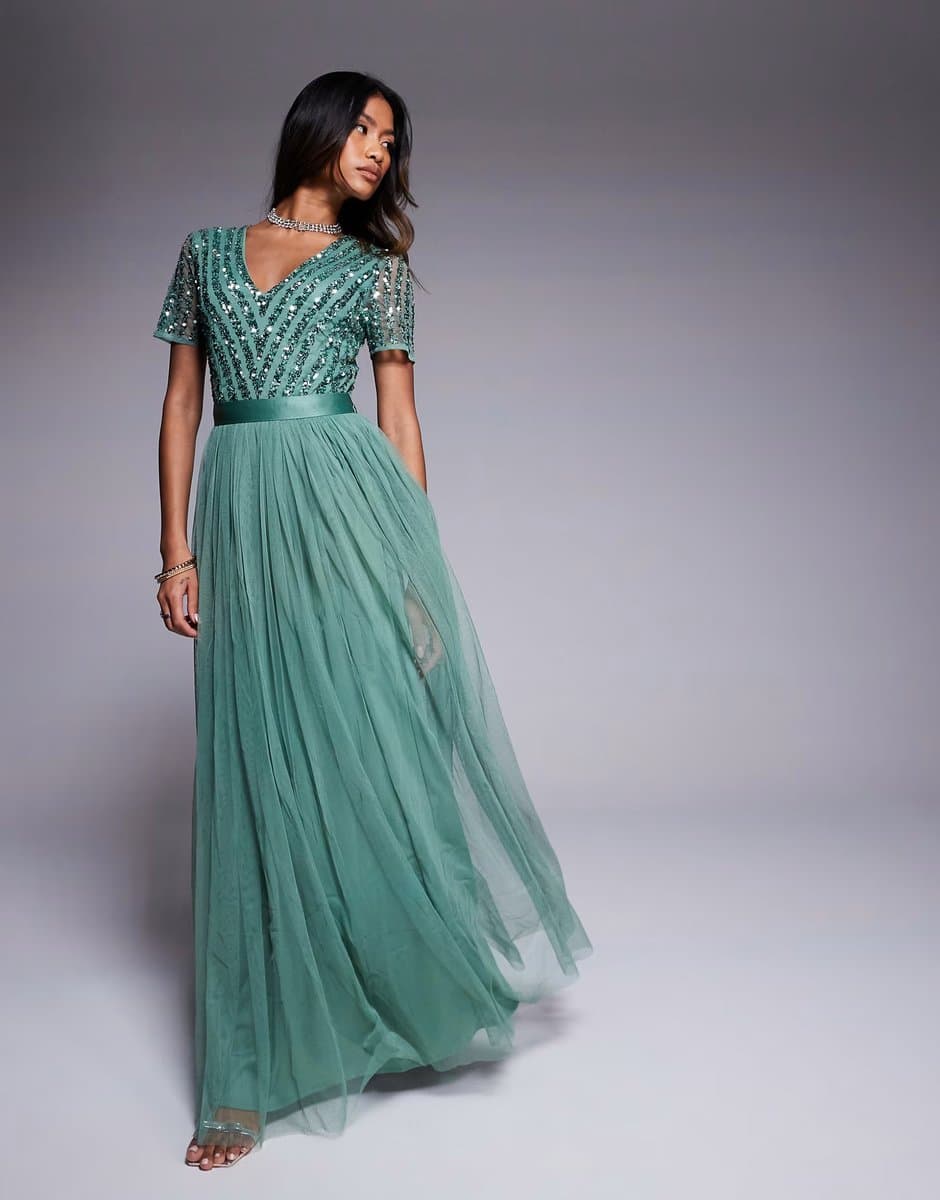 ASOS Maya Belted stripe embellished bridesmaid maxi dress in dark sage