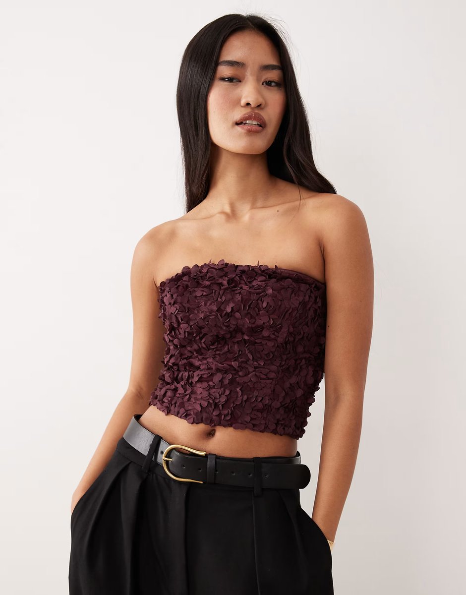 ASOS Vila 3D rose applique bandeau top in burgundy - 3