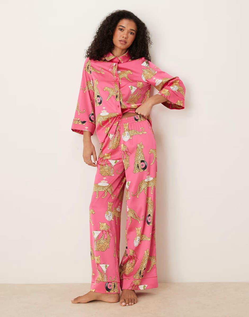 ASOS Chelsea Peers satin batwing revere pyjama set in disco leopard print