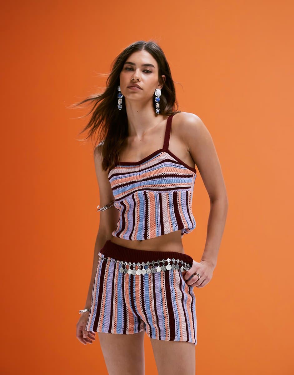 ASOS ASOS DESIGN mock crochet knitted bralet & knicker short co-ord in multi stripe