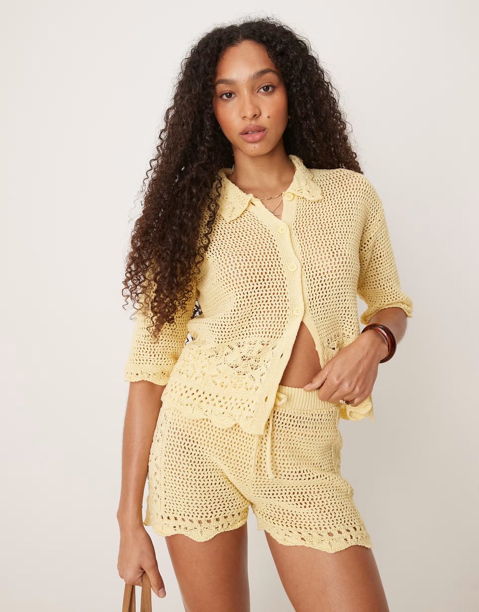 ASOS ASOS DESIGN crochet knitted shirt and short in buttermilk yellow - 2