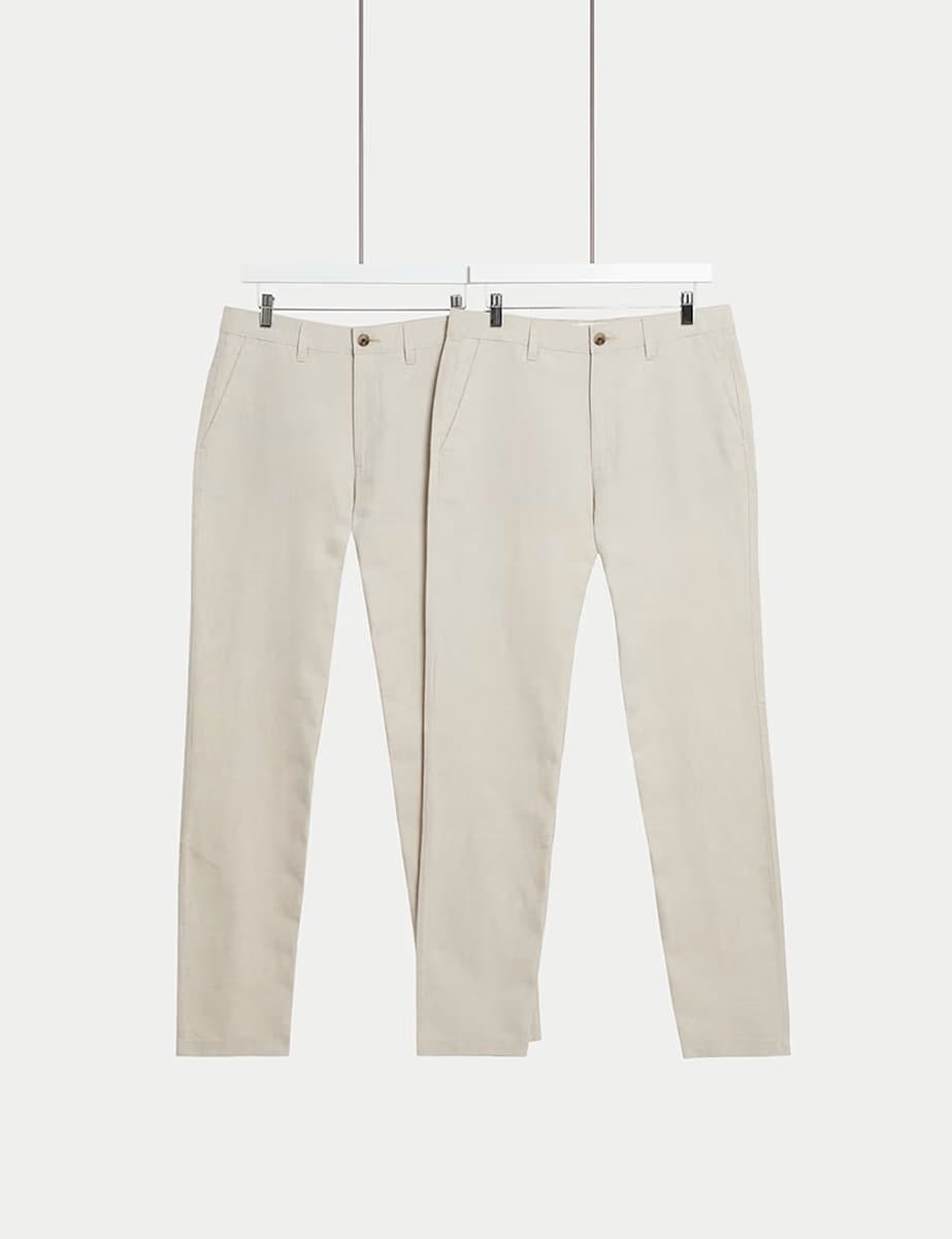Marks & Spencer M&S Regular Fit Cotton Linen Blend Chinos in Stone Mix