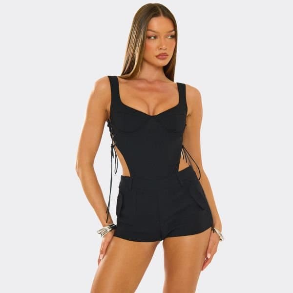 EGO Square Neck Cupped Cut Out Side Detail Playsuit In Black, Women's Size UK 6