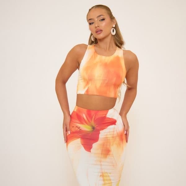 EGO Sleeveless Crop Top In Orange Floral Print, Women's Size UK 4