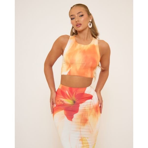 EGO Sleeveless Crop Top In Orange Floral Print, Women's Size UK 4 - 2