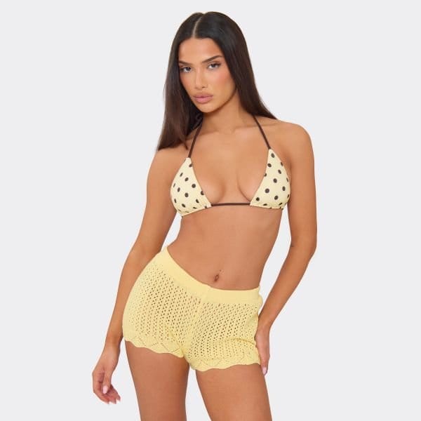 EGO Low Rise Mini Shorts In Yellow Crochet Knit, Women's Size UK Large L - 1