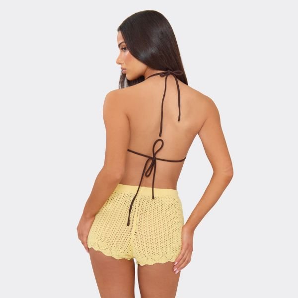 EGO Low Rise Mini Shorts In Yellow Crochet Knit, Women's Size UK Large L - 2
