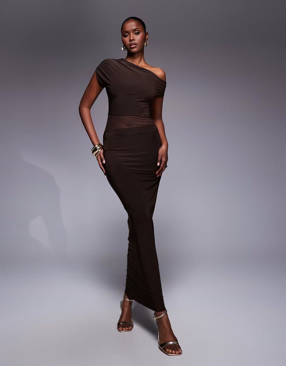 ASOS Kaiia exclusive double layered slinky drape off shoulder sheer mesh panel maxi dress in chocolate