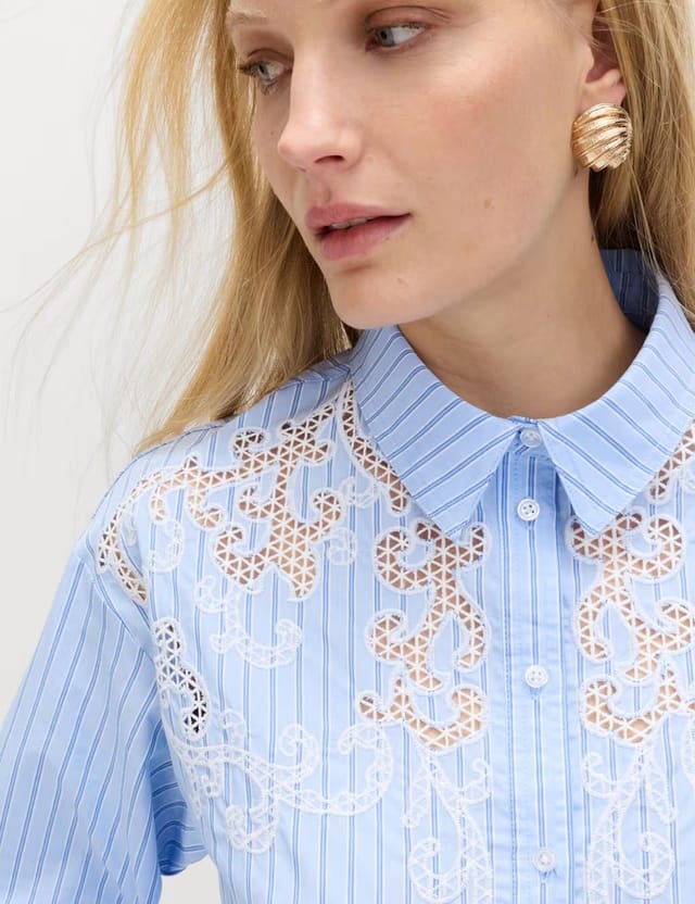 Marks & Spencer M&S Pure Cotton Embroidered Striped Shirt Blue Mix - 2