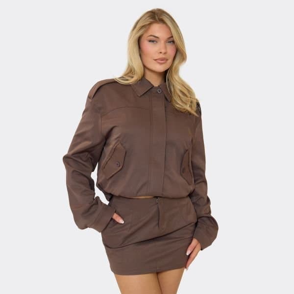 EGO Oversized Pocket Detail Jacket In Chocolate Brown, Women's Size UK 6