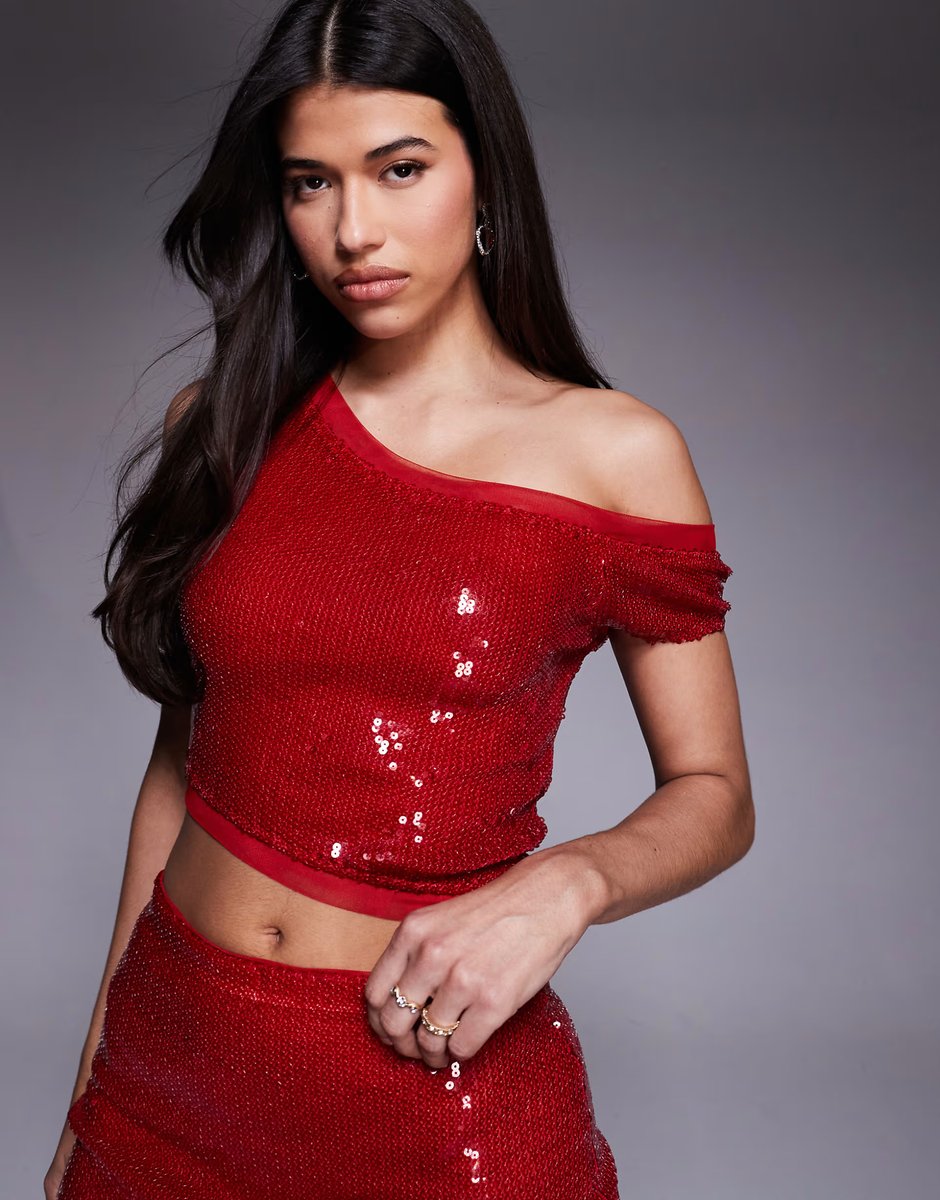 ASOS ASOS DESIGN co-ord sequin mesh mix mini skirt and off shoulder topin red - 3