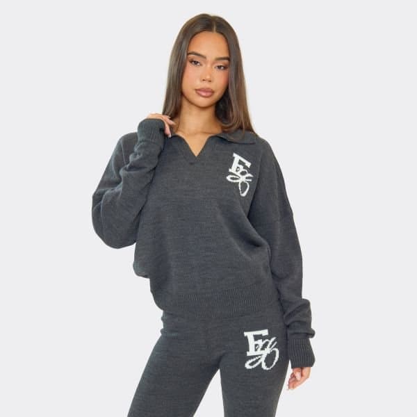 EGO Long Sleeve Collared Ego Graphic Jumper In Grey Knit, Women's Size UK Large L