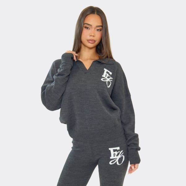 EGO Long Sleeve Collared Ego Graphic Jumper In Grey Knit, Women's Size UK Large L - 1