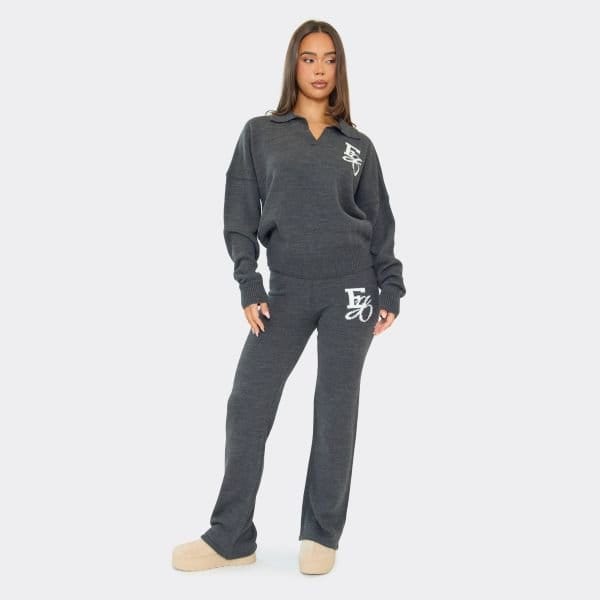 EGO Long Sleeve Collared Ego Graphic Jumper In Grey Knit, Women's Size UK Large L - 2