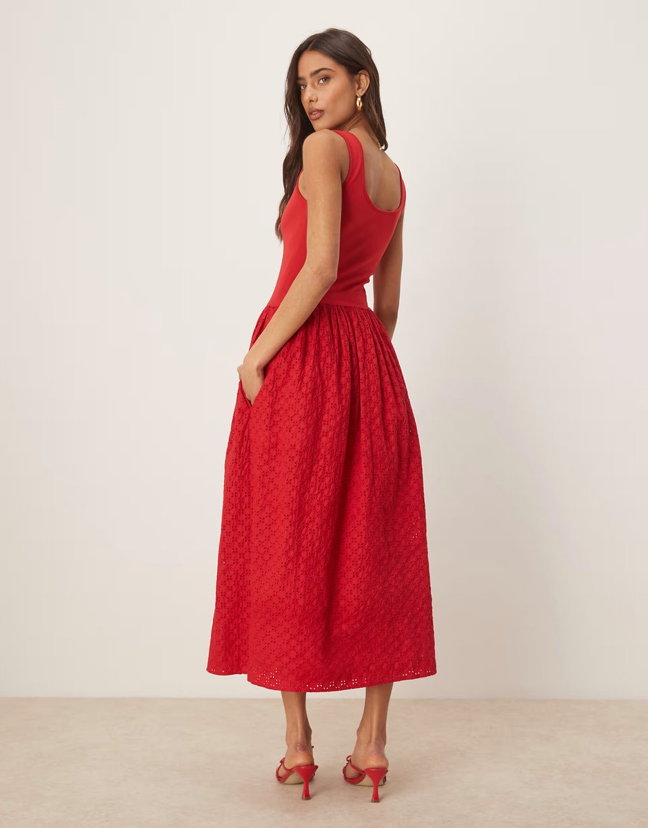 ASOS Nobody's Child Colorado midi dress in red with broderie skirt - 4