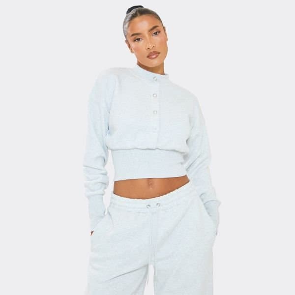 EGO Long Sleeve Popper Detail Cinched Waist Sweatshirt In Light Grey Marl, Women's Size UK 6