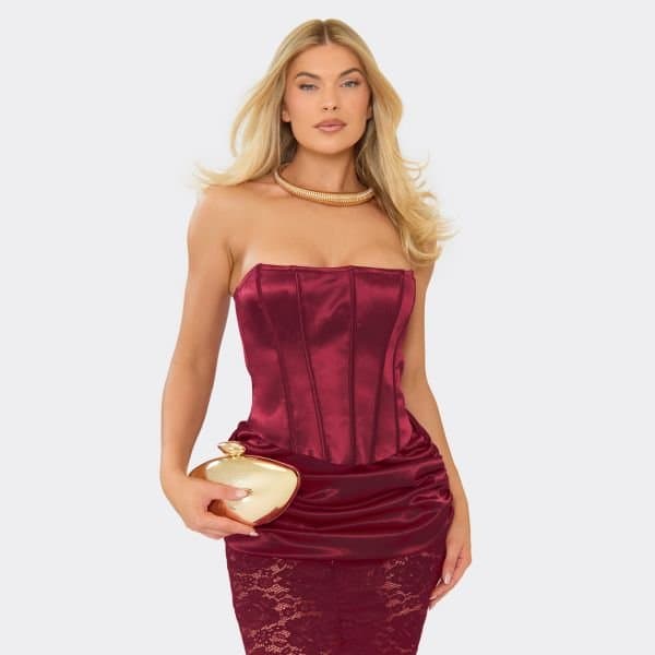 EGO Bandeau Corset Top In Burgundy Satin, Women's Size UK 6