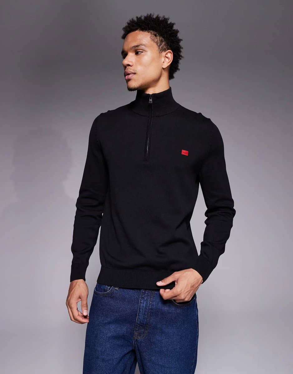 ASOS HUGO RED San Quintus label logo half zip knit jumper  in black