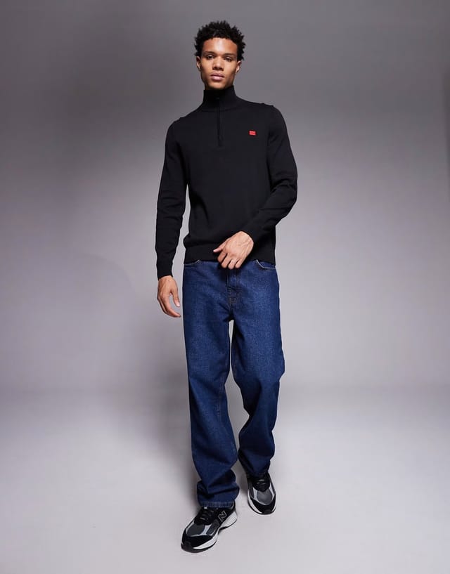 ASOS HUGO RED San Quintus label logo half zip knit jumper  in black - 2