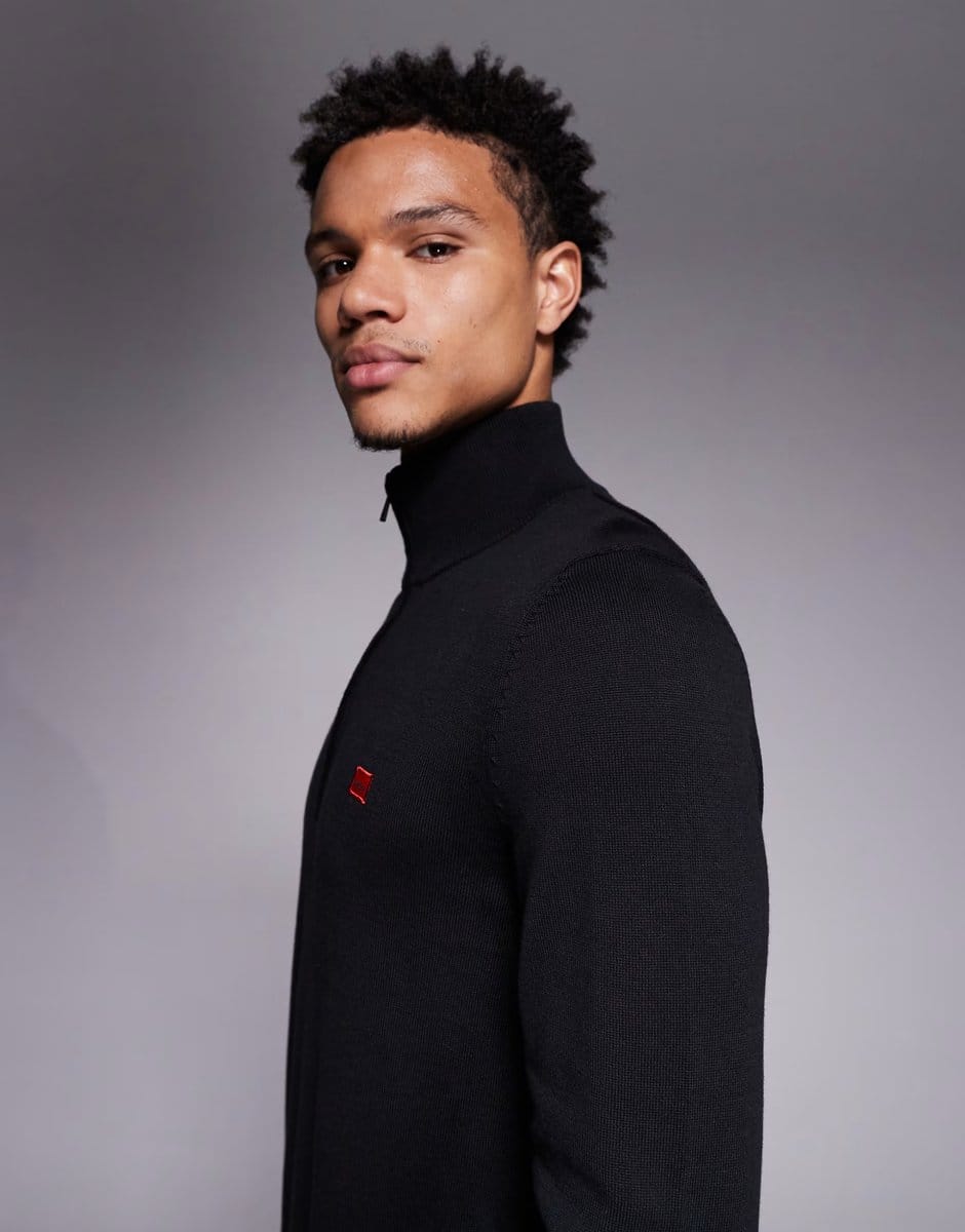 ASOS HUGO RED San Quintus label logo half zip knit jumper  in black - 4