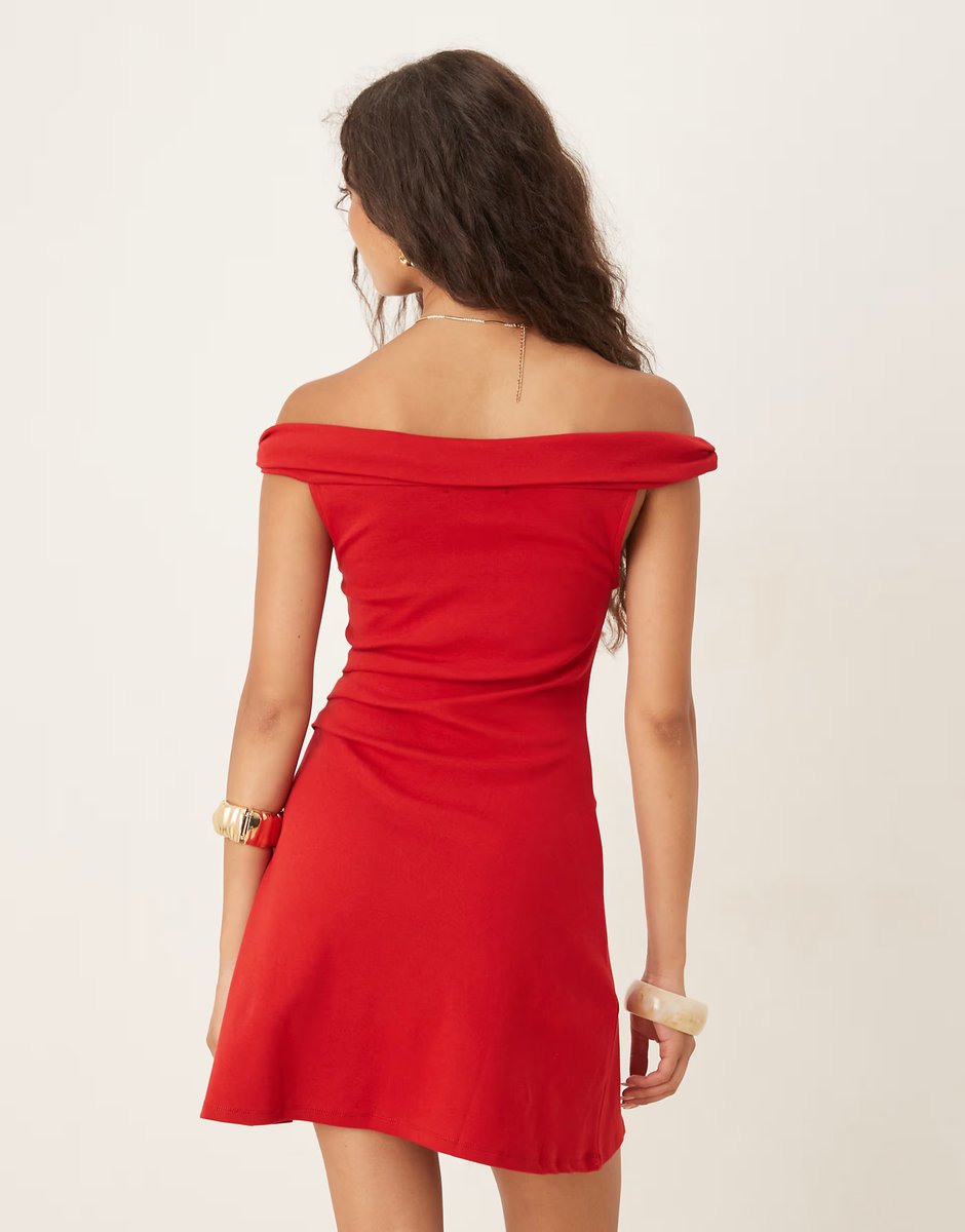 ASOS Mango cotton off shoulder ruched side mini dress in red - 4
