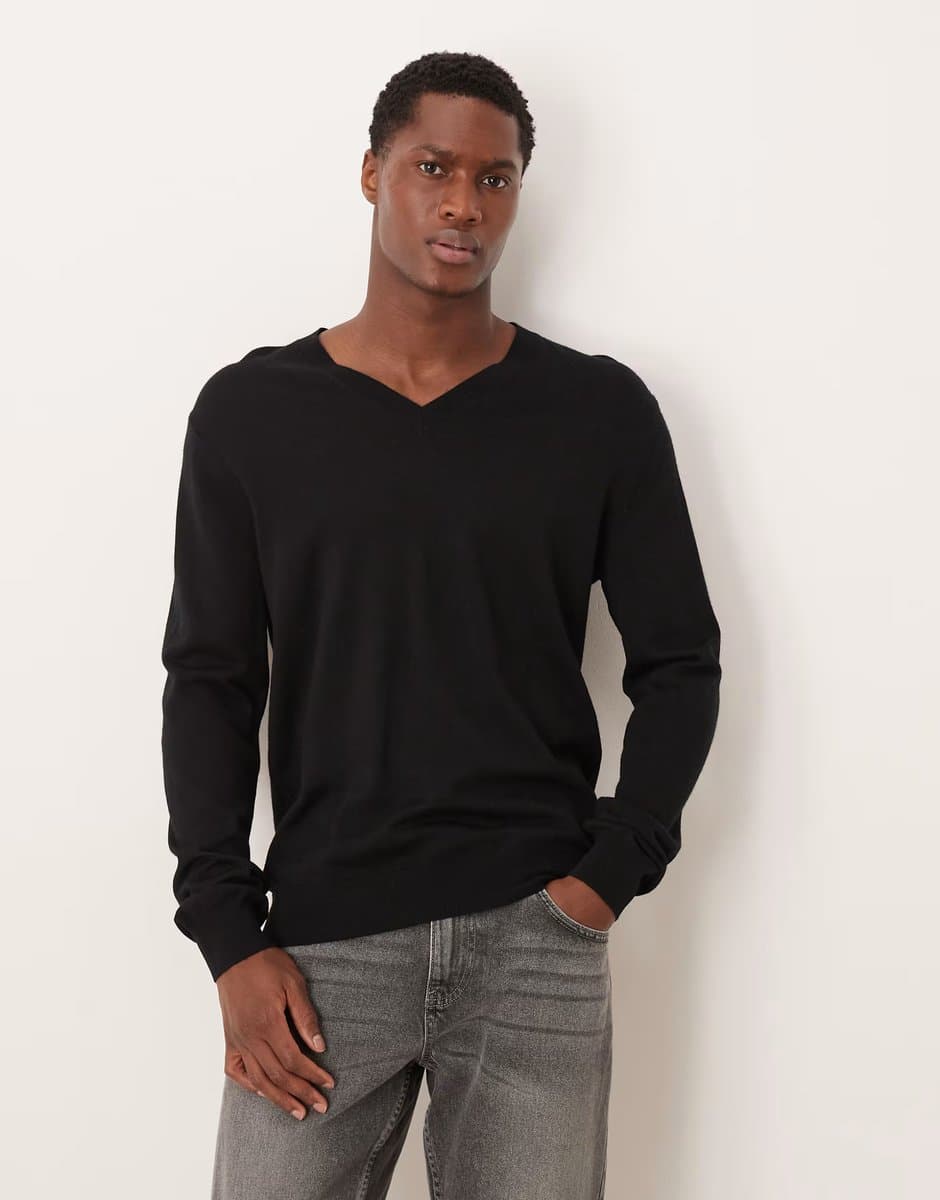 ASOS ASOS Mango V-Neck Lightweight Wool Jumper in Black