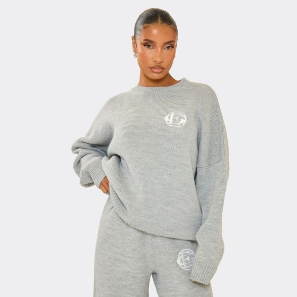 EGO Oversized Embroidered Ego Logo Jumper In Grey Knit, Women's Size UK Large L - 1