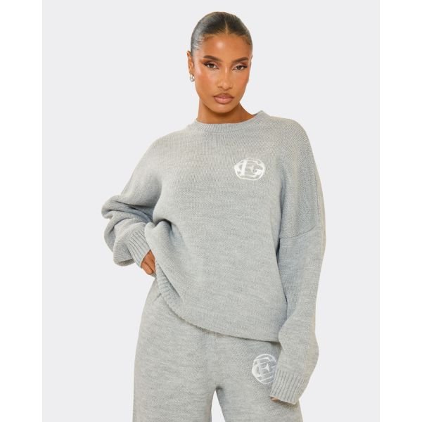 EGO Oversized Embroidered Ego Logo Jumper In Grey Knit, Women's Size UK Large L - 2