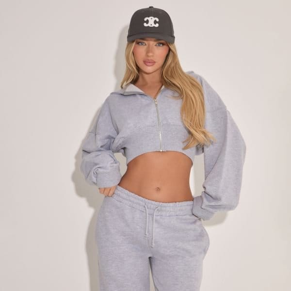 EGO Long Sleeve Zip Front Cropped Hoodie In Grey, Women's Size UK 12 - 1
