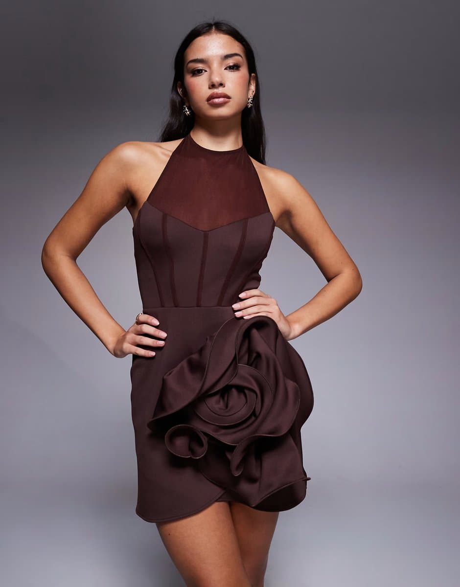 ASOS ASOS DESIGN halterneck mini dress with oversize corsage skirt detail in chocolate