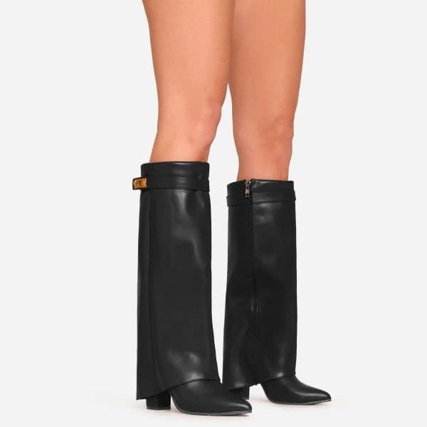 EGO Ava Lock Detail Pointed Toe Knee High Block Heel Boot In Black Faux Leather, Women's Size UK 3