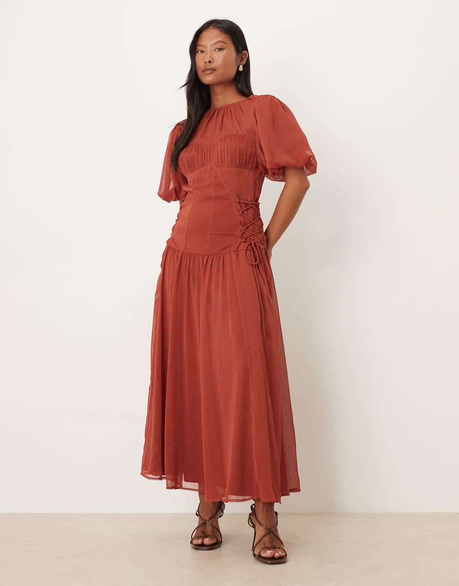 ASOS ASOS DESIGN Petite puff sleeve chiffon midaxi dress in deep rust