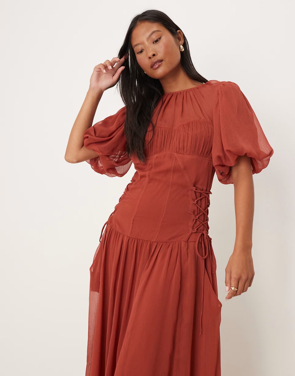 ASOS ASOS DESIGN Petite puff sleeve chiffon midaxi dress in deep rust - 3