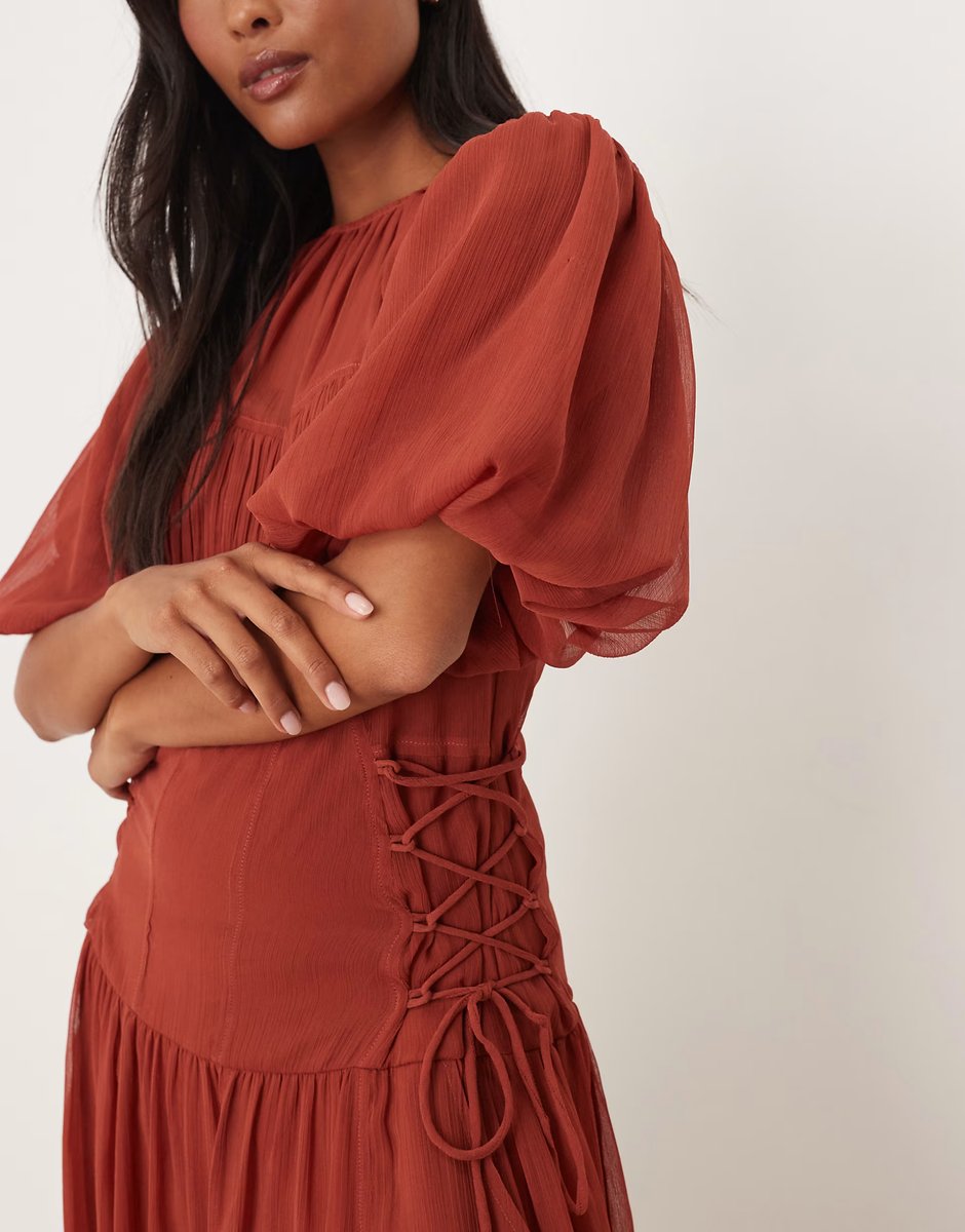 ASOS ASOS DESIGN Petite puff sleeve chiffon midaxi dress in deep rust - 4