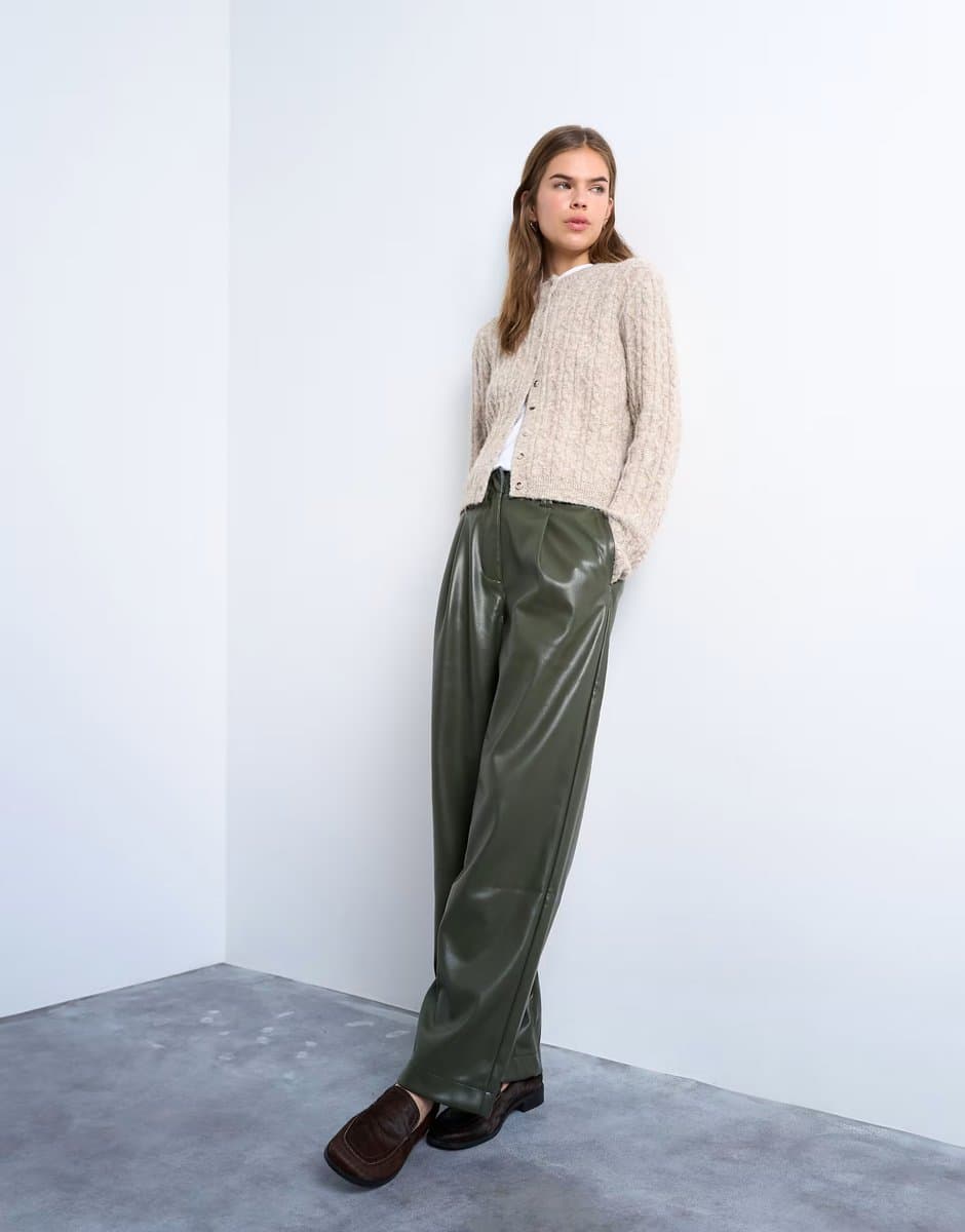 ASOS ASOS Faux Leather High Waist Pleated Trousers in Khaki