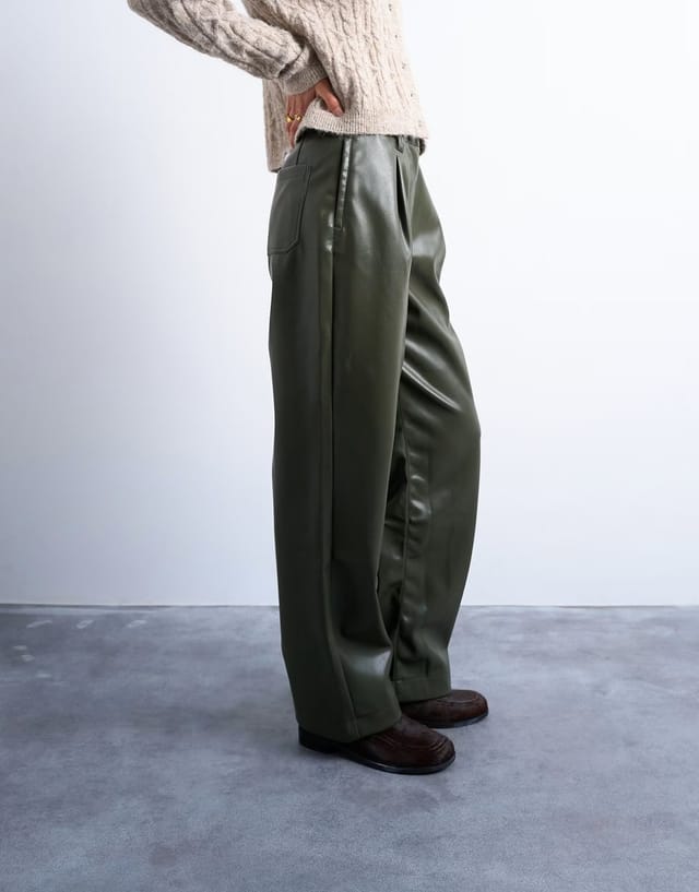 ASOS Topshop faux leather high waist pleated straight leg trouser  in khaki - 3