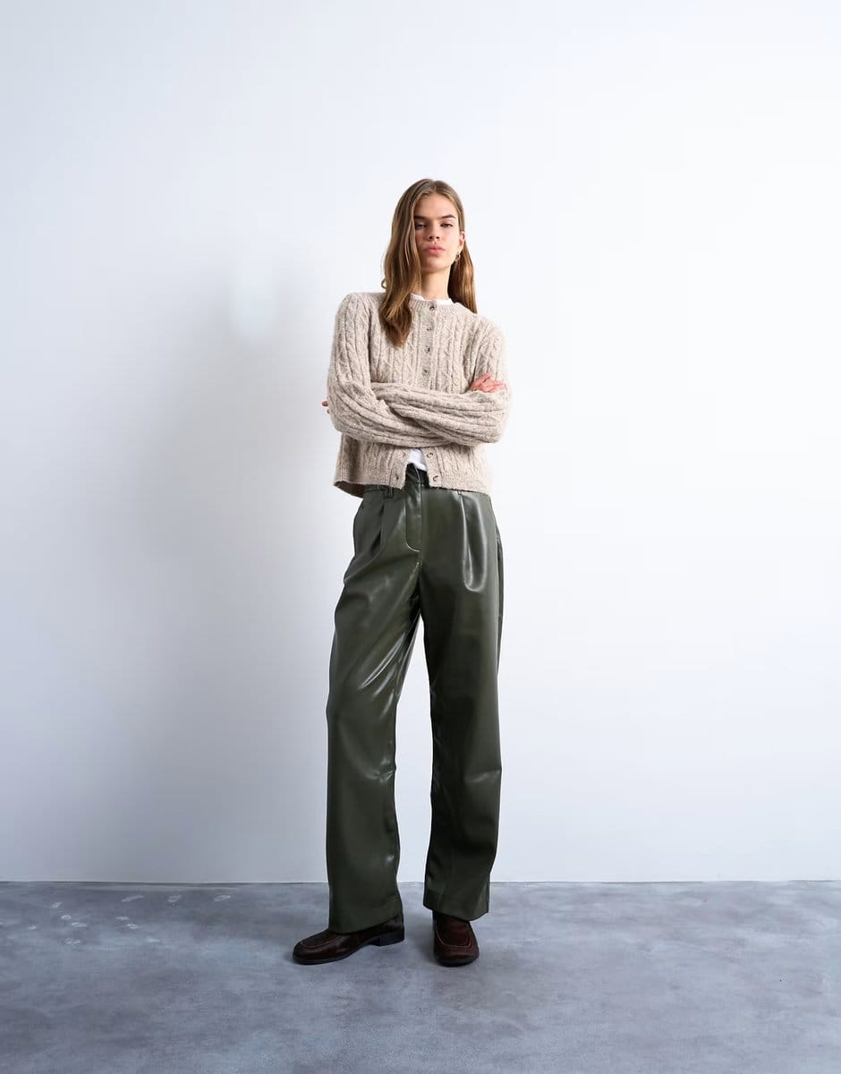 ASOS Topshop faux leather high waist pleated straight leg trouser  in khaki - 4