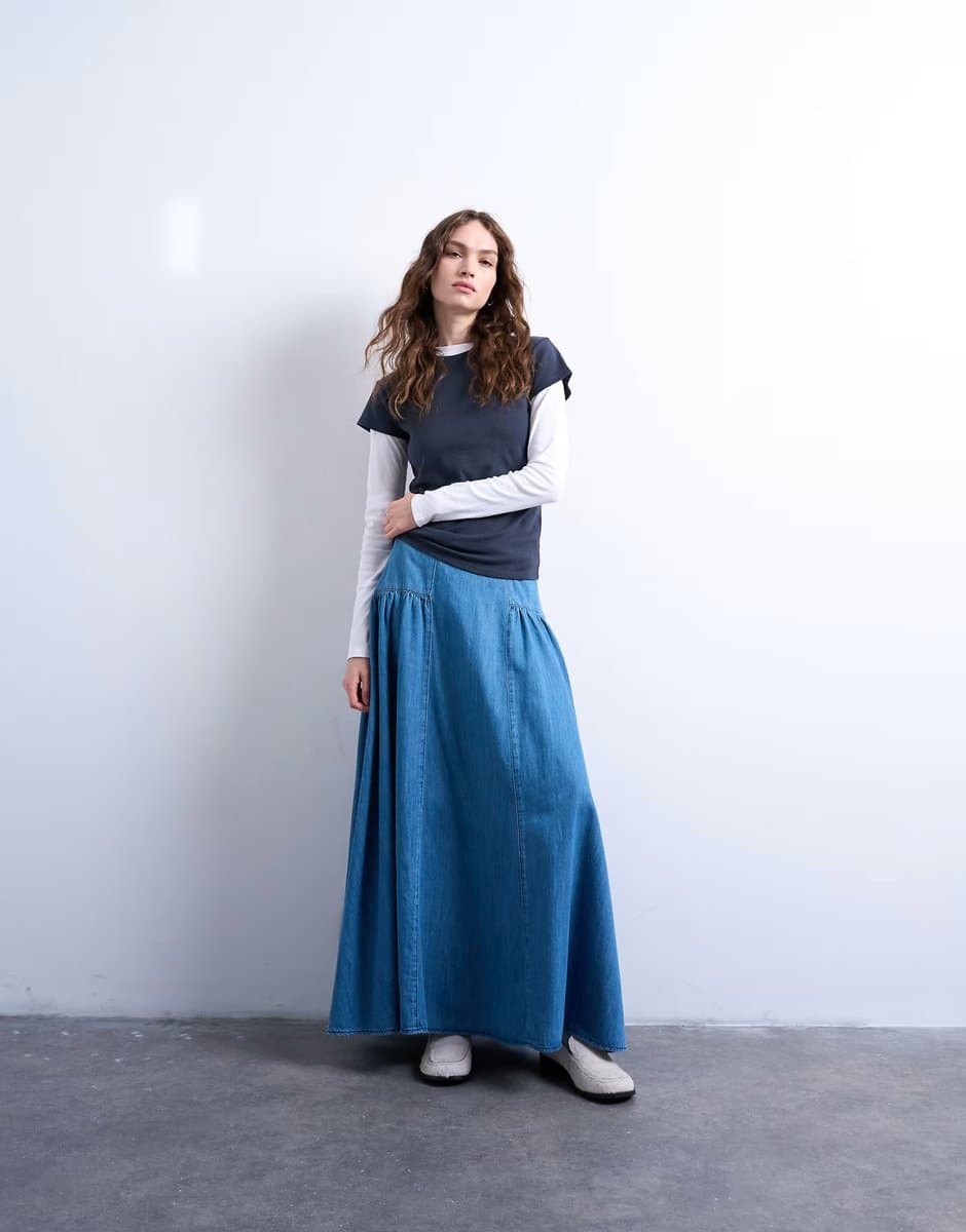 ASOS Topshop denim dropwaist maxi skirt in blue