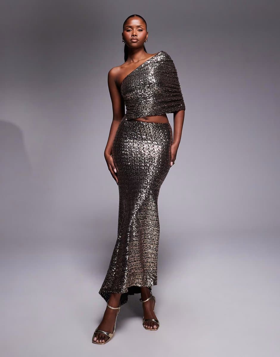 ASOS ASOS DESIGN sequin one shoulder maxi dress with ruched bodice in gold