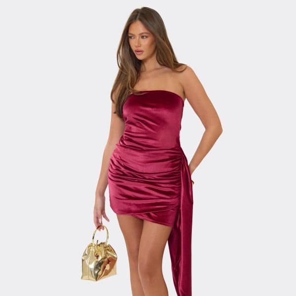 EGO Bandeau Side Drape Mini Dress In Burgundy Velvet, Women's Size UK 6
