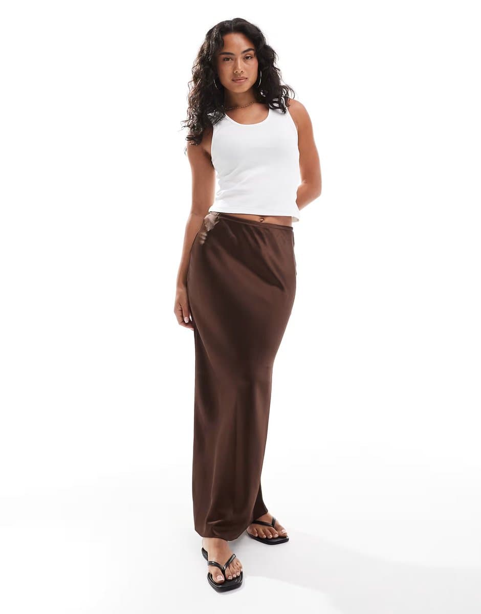 ASOS New Look satin bias midi skirt in dark brown