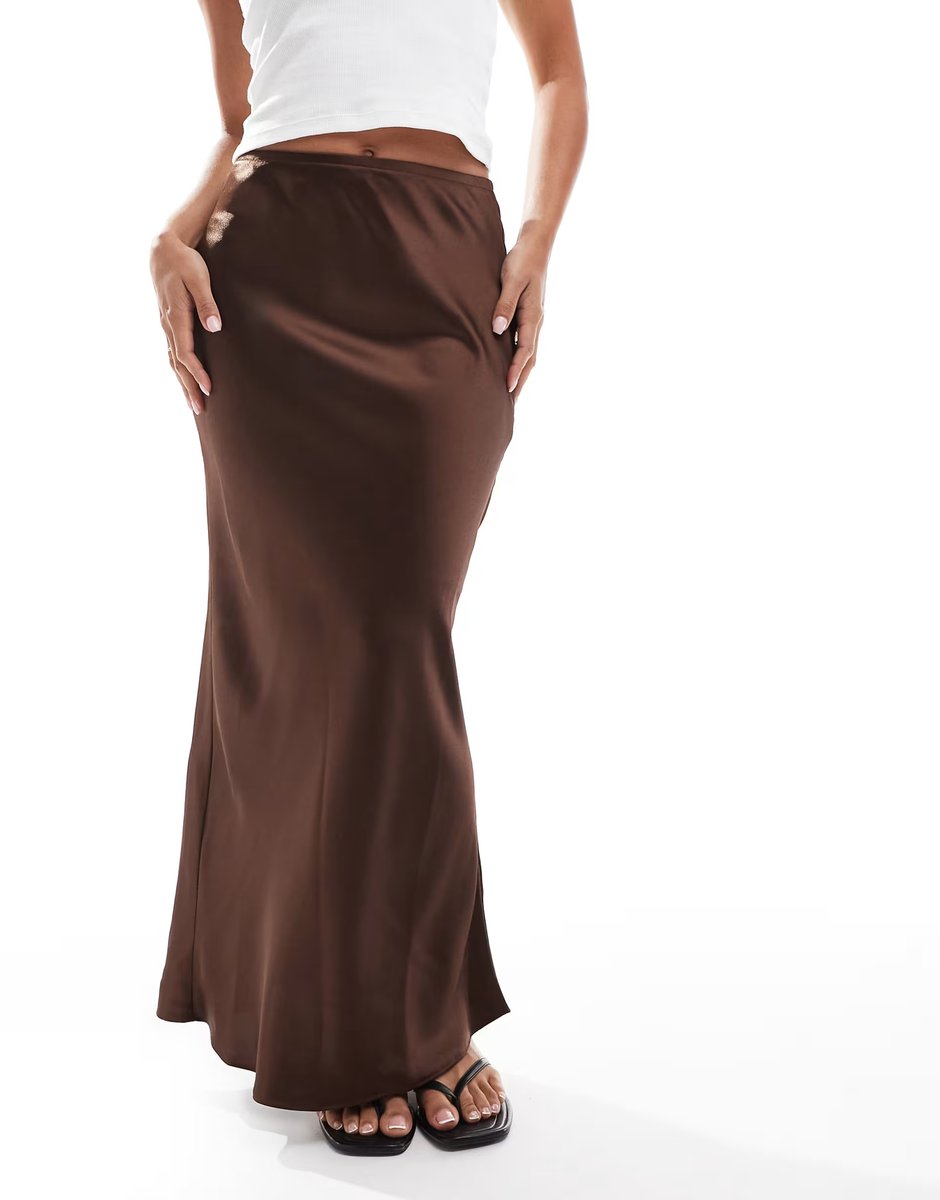 ASOS New Look satin bias midi skirt in dark brown - 2