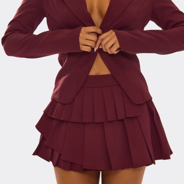 EGO Mid Rise Pleated Layered Mini Skirt In Plum, Women's Size UK 6 - 2