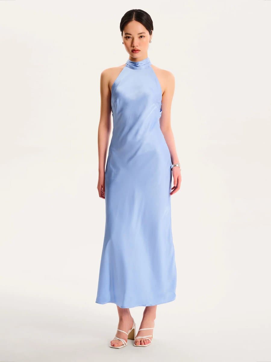 OMNES Seychelles Drape Back Detail Dress in Light Blue