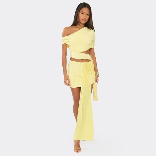 EGO Off The Shoulder Cut Out Drape Detail Mini Dress In Lemon Yellow, Women's Size UK 6