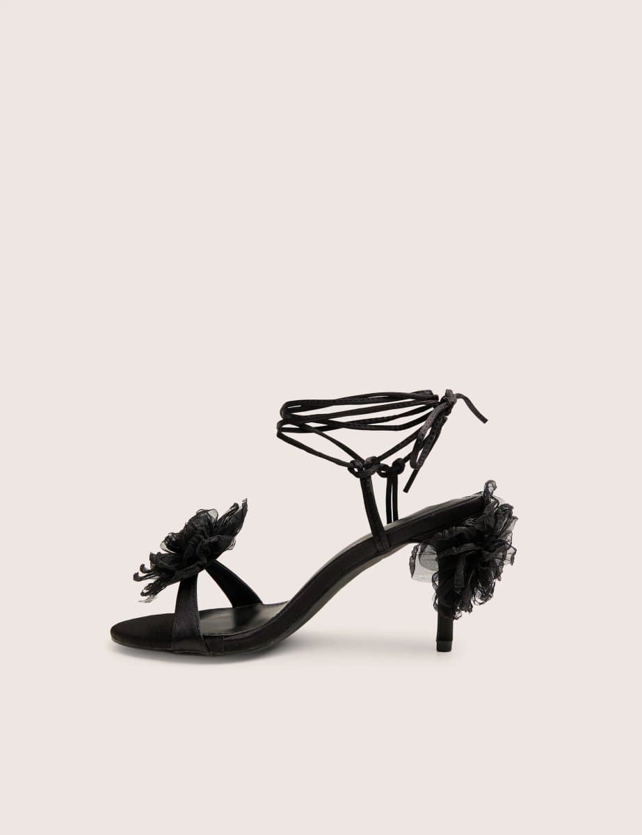 Public Desire Classy Black Ruffle Flower Detail Mid Heels