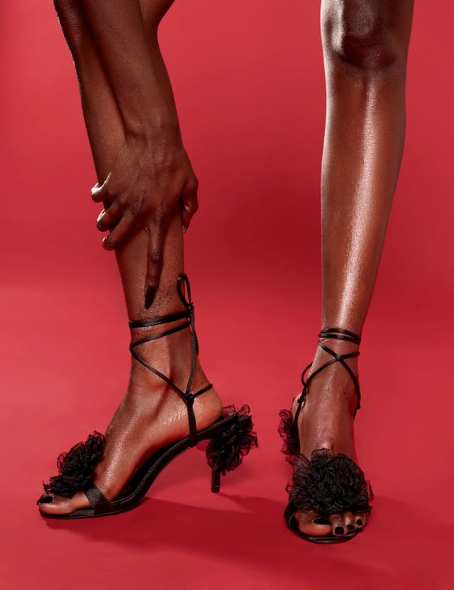 Public Desire Classy Black Ruffle Flower Detail Mid Heels - 2